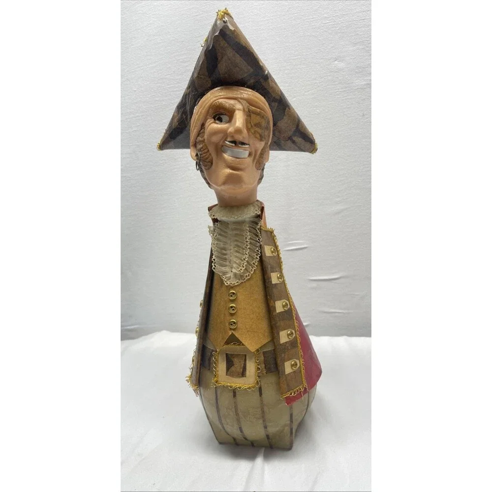 Vintage Bar Decanter Folk Art Paper Mache Pirate Figure Bottle 17.5” Tall RARE